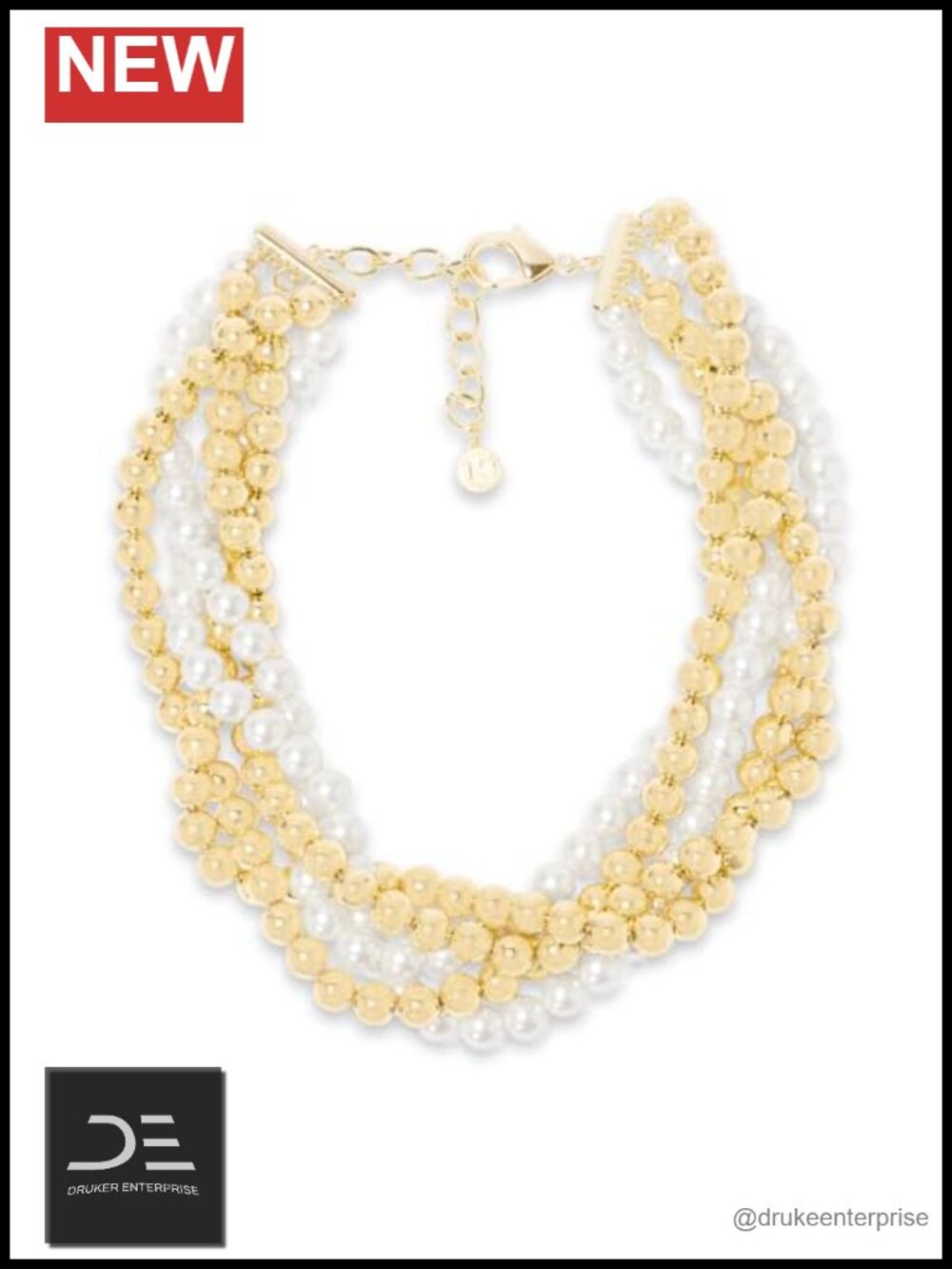 5 Strand Pearl & Gold Ball Twisted Necklace 18in Brass